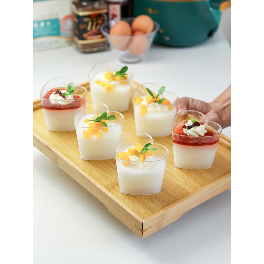 Copo de Mousse em forma de coração Copo de farelo de madeira Copo de pudim transparente Copo de sorvete de gelatina Mesa