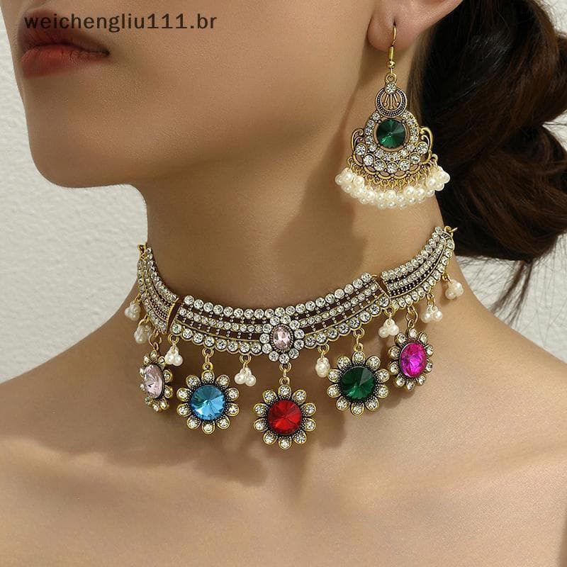 # weicheng 1 Conjunto De Joias De Pérolas Com Pedras Preciosas Vintage , Estilo Étnico , Combinação Diária , Brincos Nel