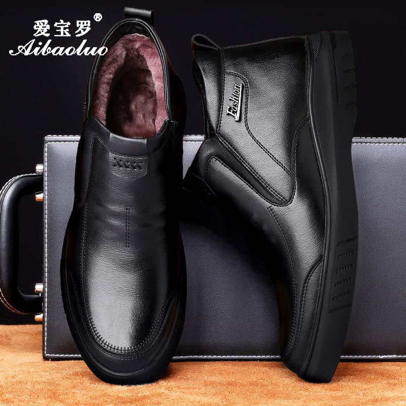 Sapatos de algodão masculinos inverno quente forro de lã engrossado meia-idade idosos sapatos de couro de algodão couro