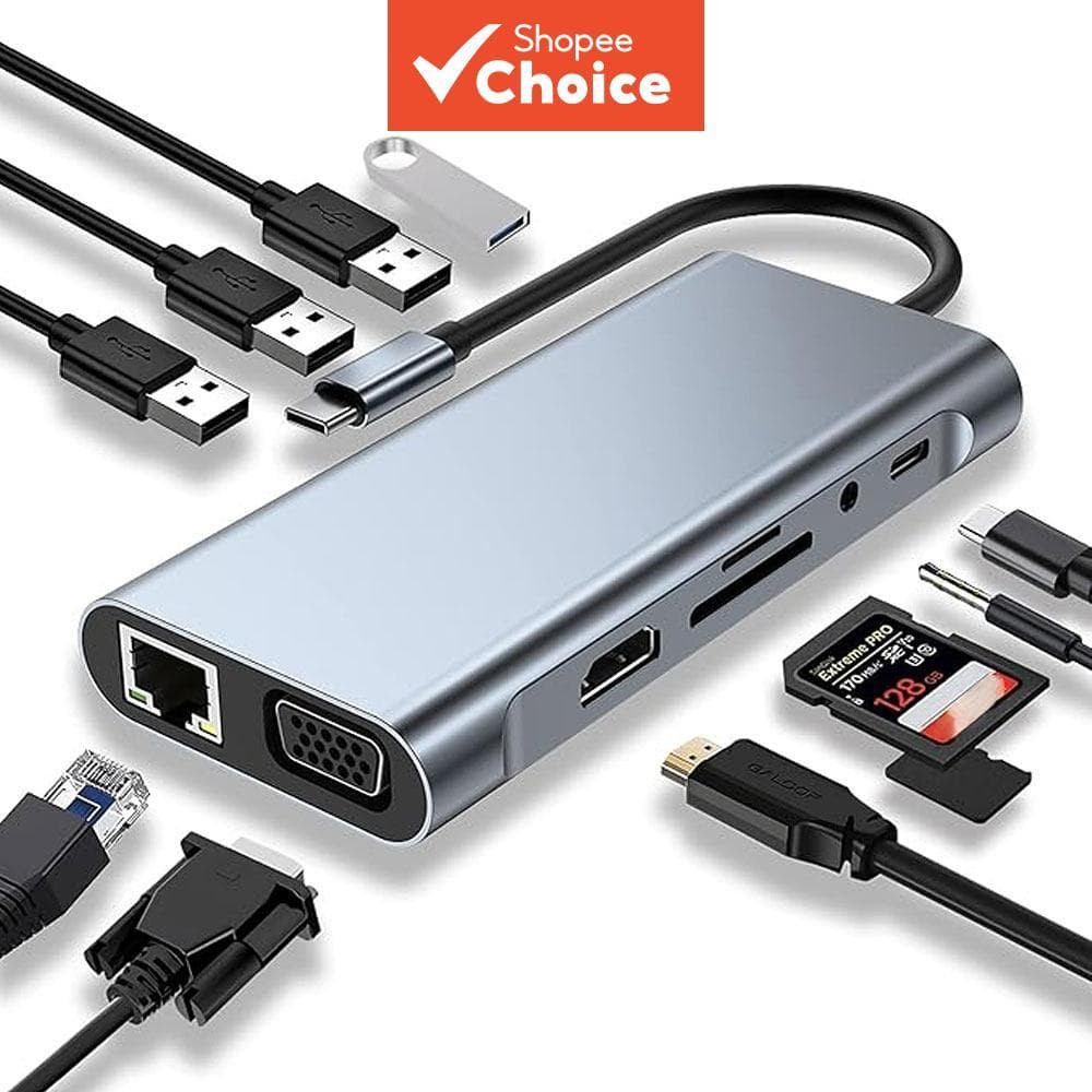 Adaptador Hub USB-C 11 em 1: HDMI 4K, VGA, PD 100 W, USB 3.0, Ethernet RJ45, Leitor de cartões SD/TF, AUX 3,5 mm