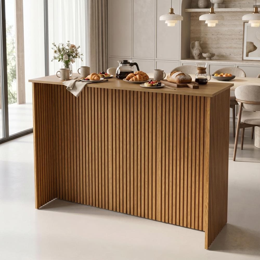 Mesa Balcão Cairo 118cm Ripado 3D Bancada Gourmet Divisor de Ambientes Cozinha Americana