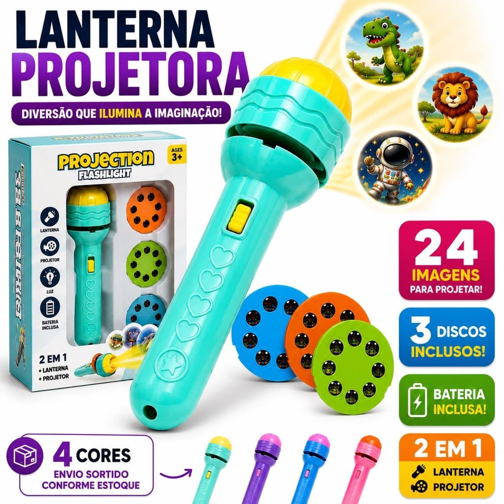 Lanterna Projetora Infantil 2 Em 1 Com 3 Discos 24 Imagens Bateria Inclusa Brinquedo Educativo Envio Sortido 4 Cores