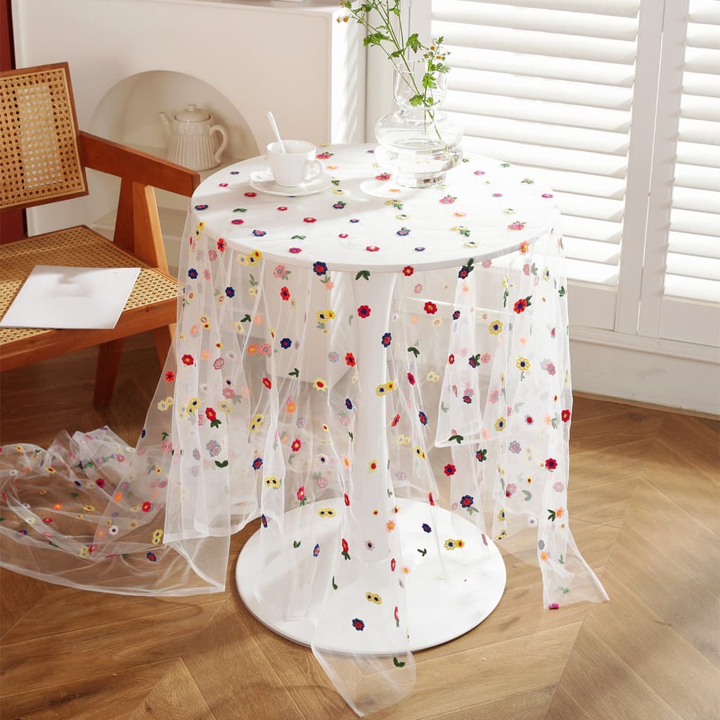 Toalha de mesa bordada com flores coloridas, tecido decorativo com textura de gaze, tecido para adereços fotográficos, e