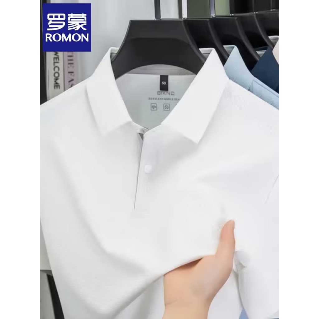 Lomon verão novo estilo masculino de seda gelo manga curta camiseta de meia-idade juventude lapela legal confortável Cas