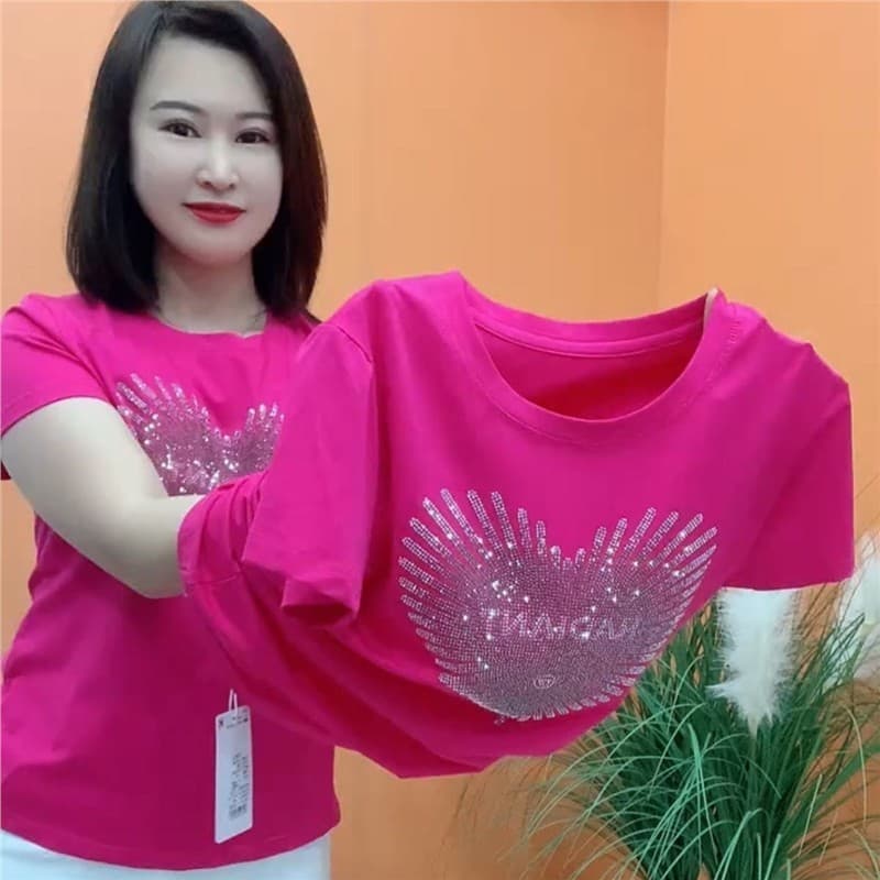 【2158#M- 4XL/2 cores] 2025 verão novo estilo indústria pesada em torno do pescoço quente diamante camiseta de manga curt