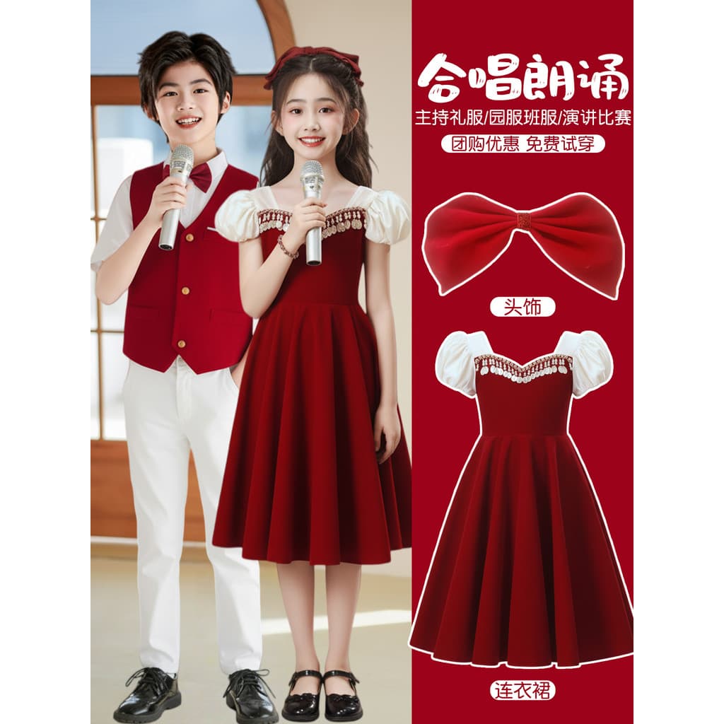 Crianças trajes de recitação de coro meninos meninas tema patriótico vermelho estudantes do ensino fundamental eloquênci