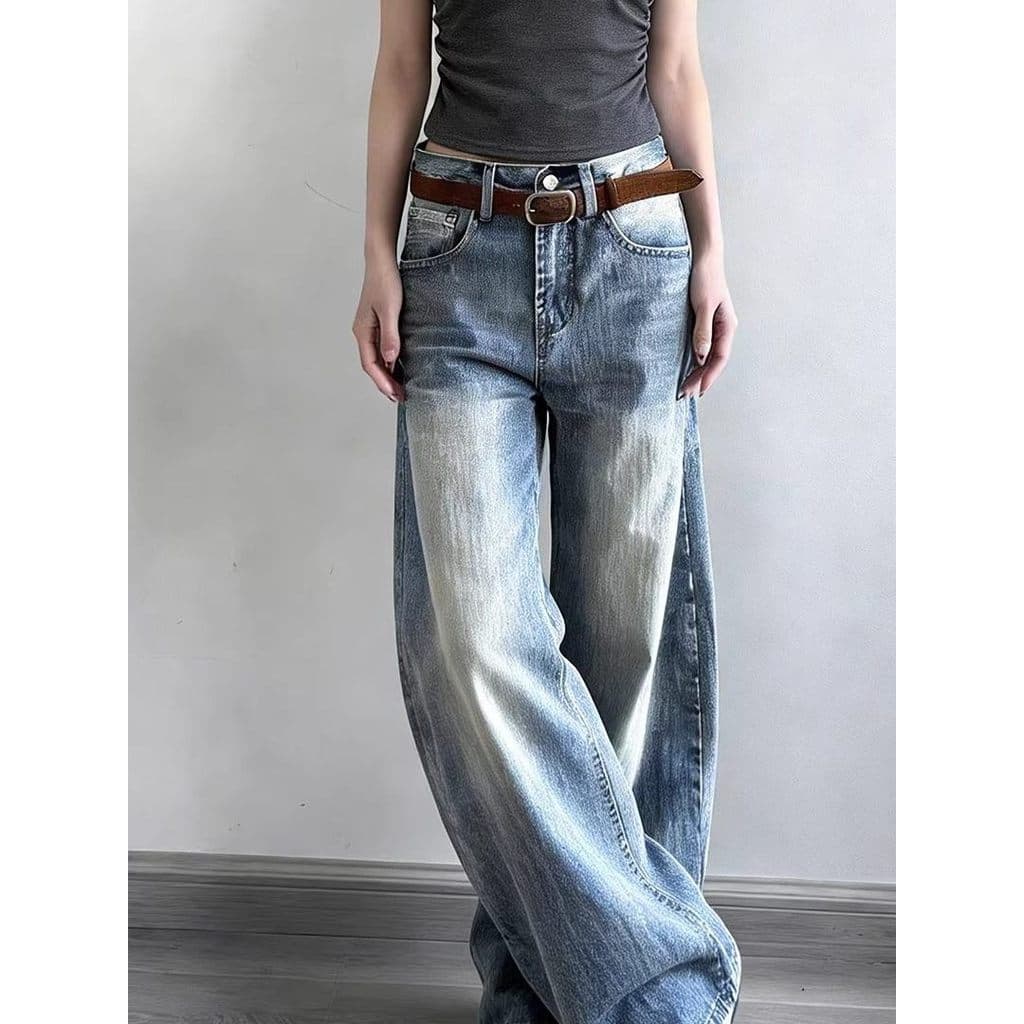 Tamanho grande americano Retro lavado Machete Jeans feminino Design solto All-Match mais magro olhar cintura alta perna