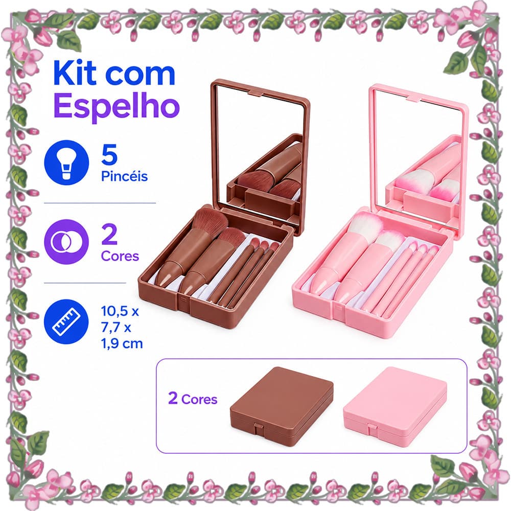 Kit de Viagem 6/12 Peças com 5 Pincéis de Maquiagem, Estojo com Espelho e Cerdas Macias para Acabamento