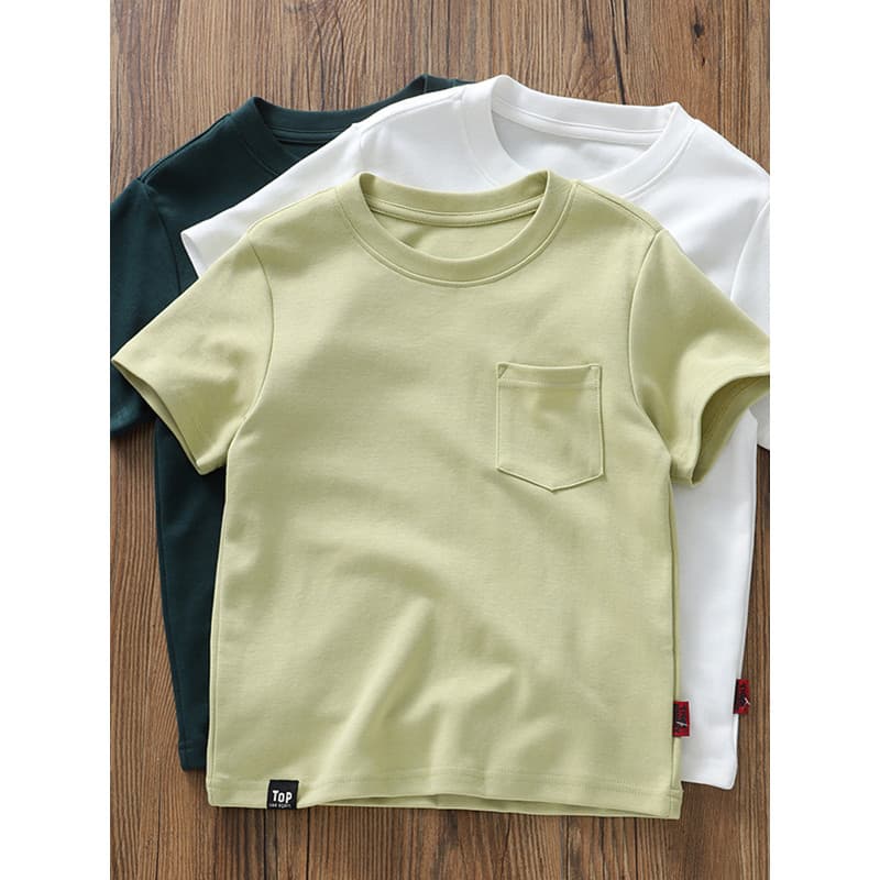 Roupas de verão para meninos de alta qualidade, gola redonda, cor sólida, camisetas de manga curta, camisas infantis de
