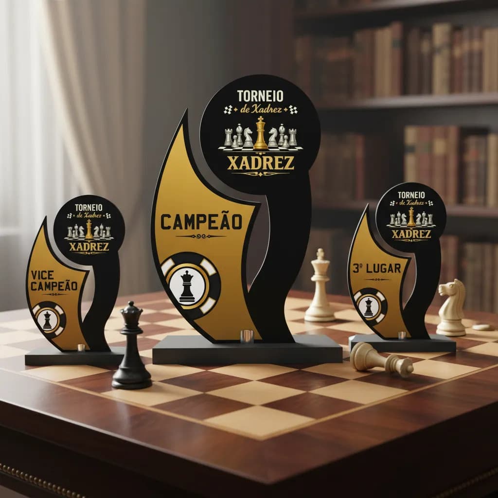 Kit Troféu Xadrez Mdf 20cm C/ 3 Peças Premiação Completa Troféu