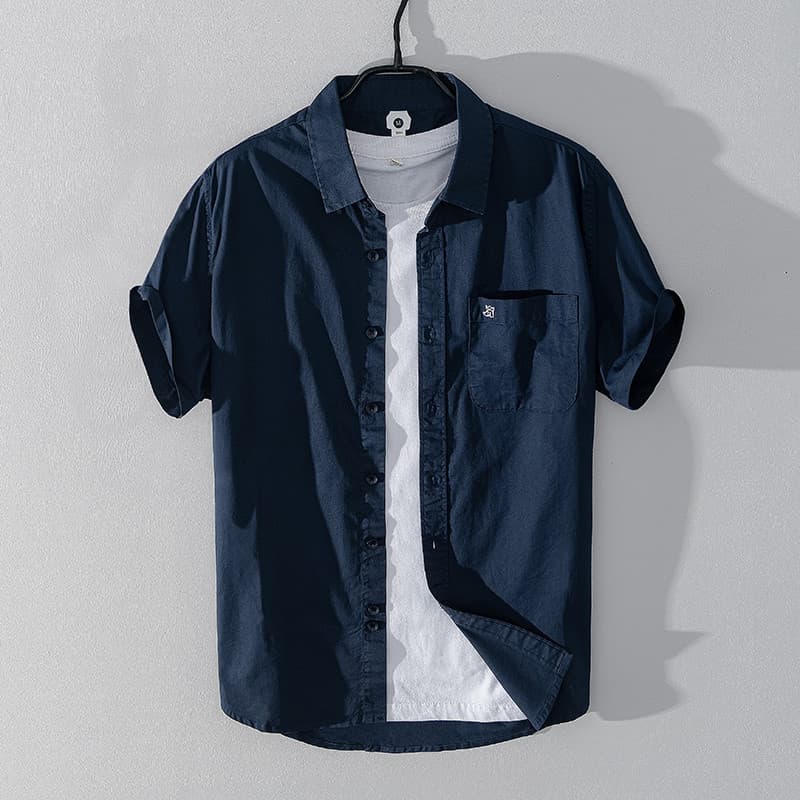 Verão novos produtos Casual camisa de manga curta masculina jaqueta superior solta simples All-Match camisa de cor sólid