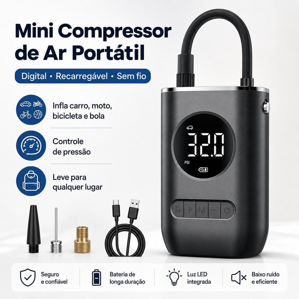 Mini Compressor de Ar Portátil Recarregável Digital Sem Fio com 4 Modos, Luz LED e Controle de Pressão para Carro, Moto,