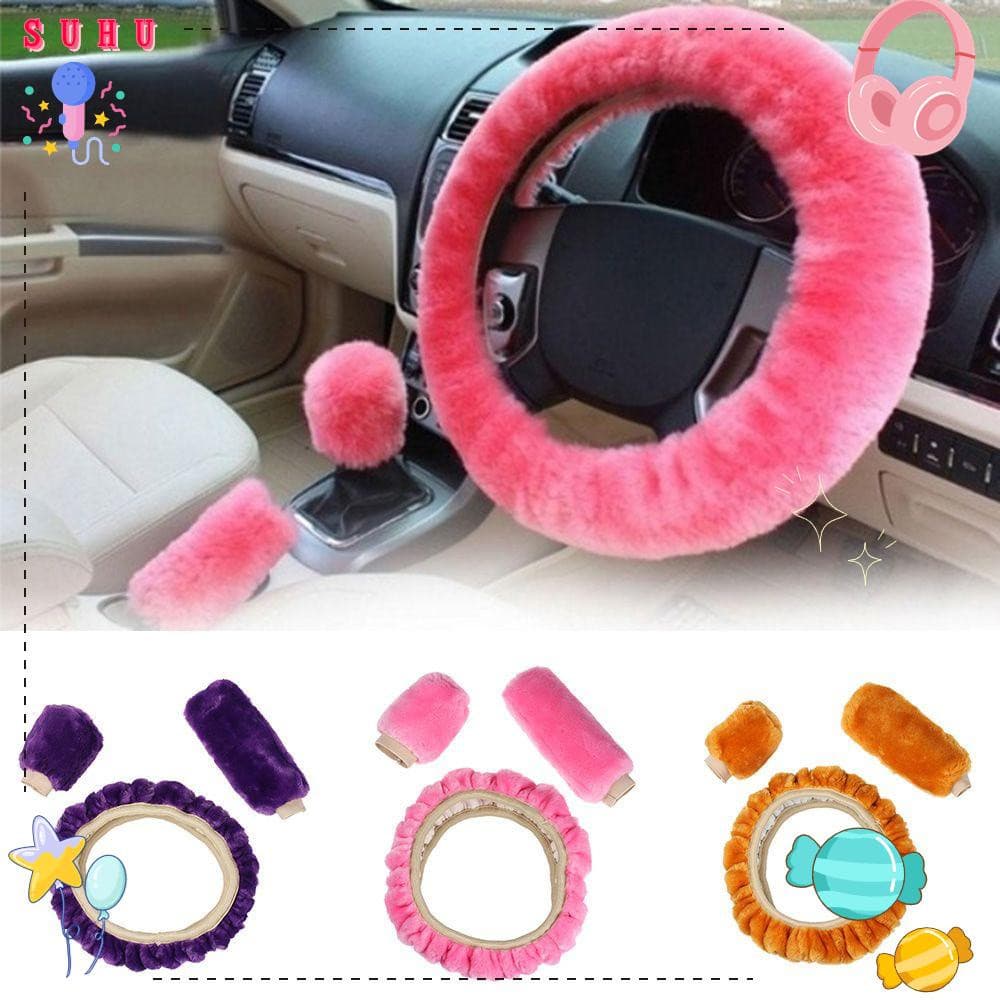 SUHU Conjunto de 3 Peças de Capa para Volante, Estilo Fashion, Quente, de Pelúcia Longa, Capa para Freio de Mão, Interio