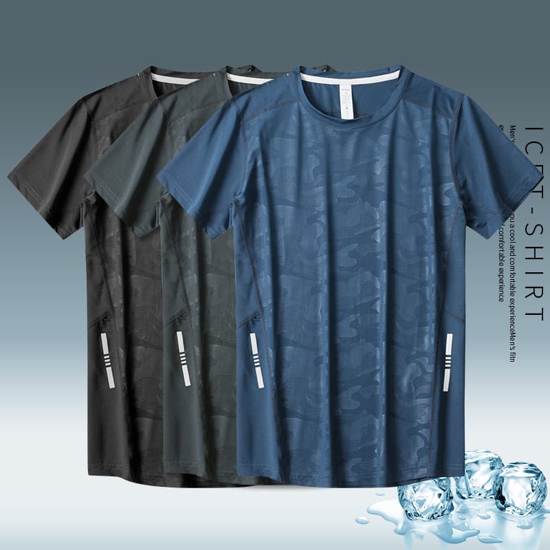 Camiseta de manga curta masculina esportes de verão de secagem rápida seda gelo fina Casual em torno do pescoço topo sol