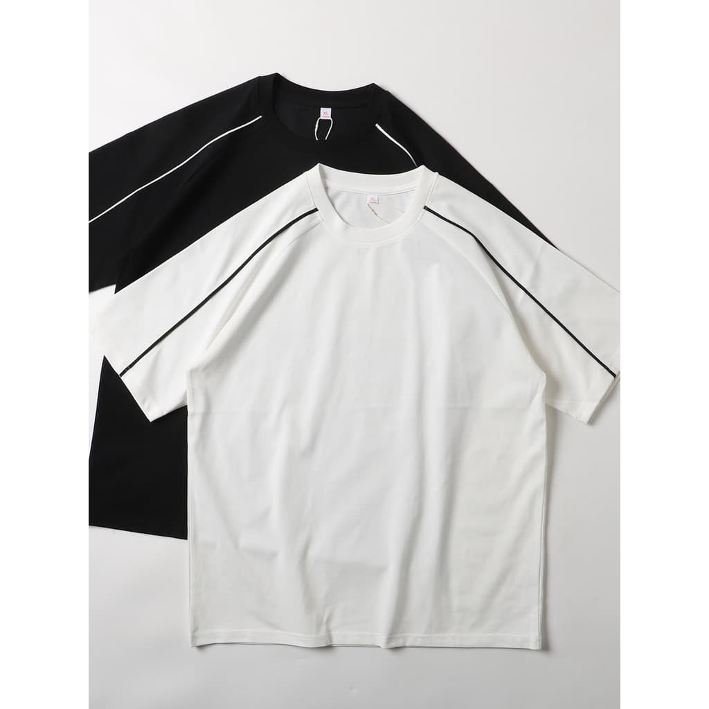 Elegante estilo japonês contraste cor linha branca Raglan em torno do pescoço camiseta masculina solta Casual meia manga
