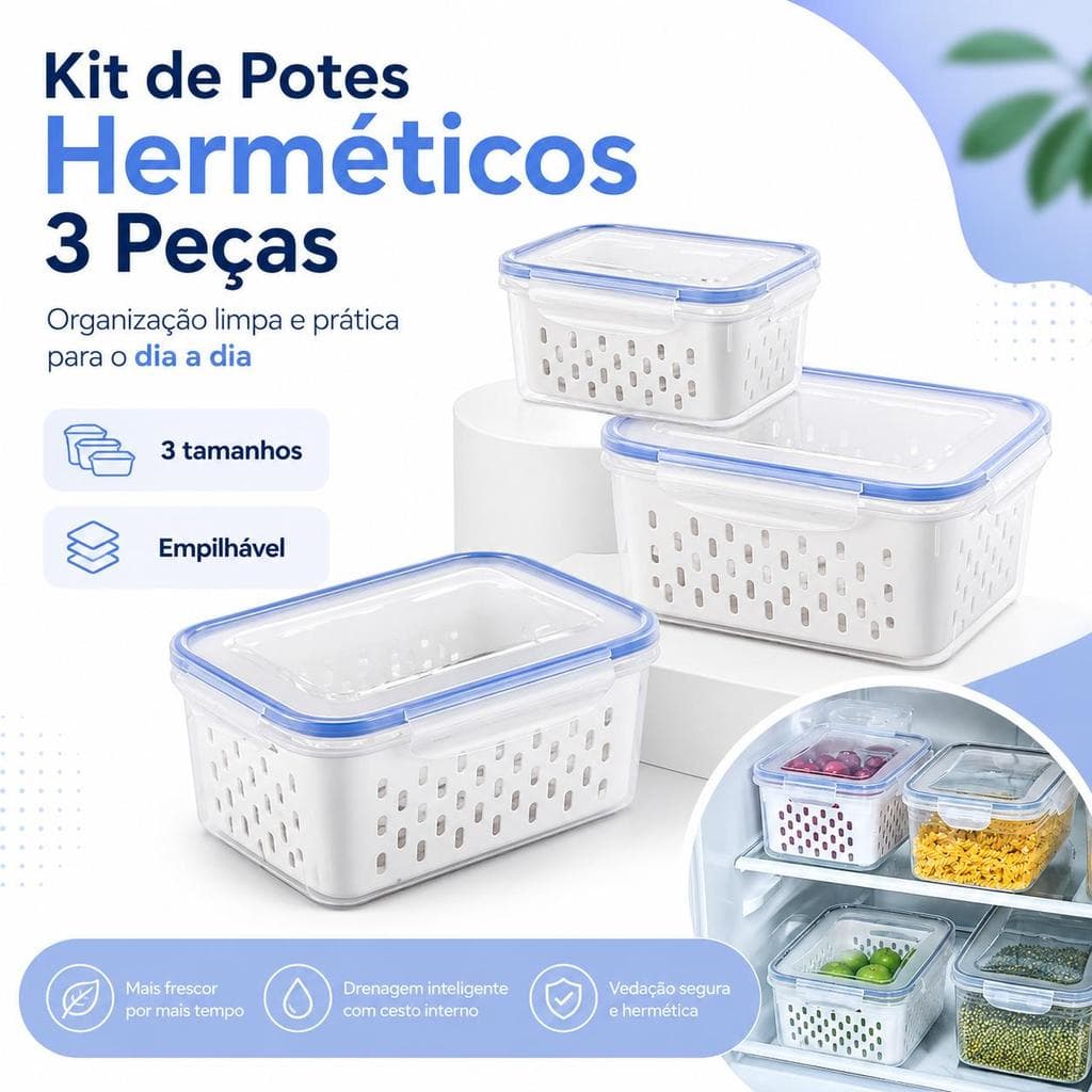 Kit 3 Potes Herméticos com Cesto Interno, Organizadores de Geladeira Empilháveis para Frutas, Legumes, Massas e Grãos
