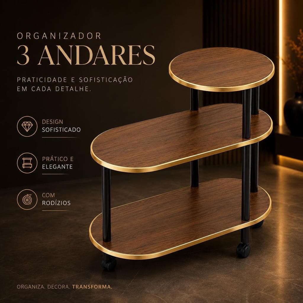 Mesa de Cabeceira 3 Andares em Madeira, Estante Organizadora com Rodinhas para Quarto Sala e Escritório