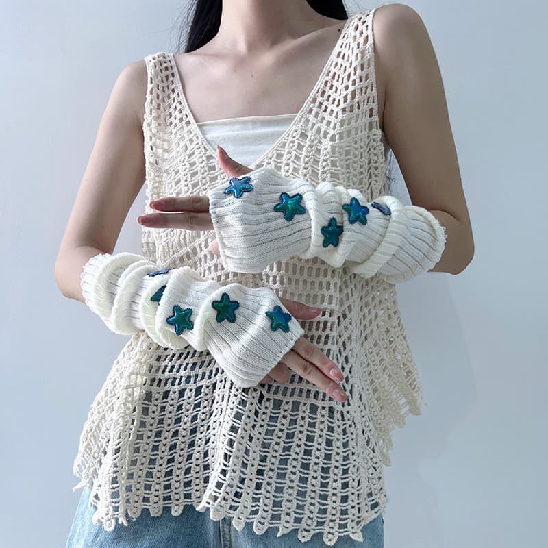 Luvas de Lã Góticas Y2K Estilo Punk com Estrela em Cor Sólida e Aquecedores de Braço de Manga Longa