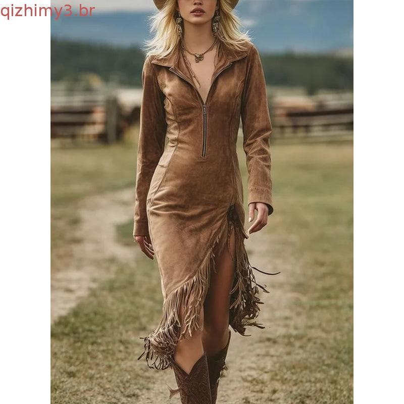 Vestido Maxi Feminino Retrô Com Franjas Cowgirl , Fashion Zíper , Manga Comprida , Fenda Alta , Boho , Emagrecimento , C