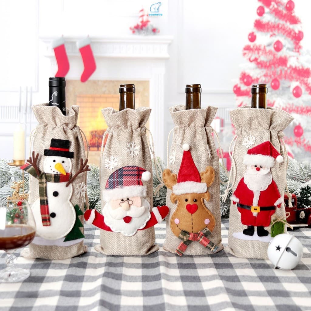 Capa Para Garrafa De Vinho De Natal-Saco De Serapilheira De Alce De Boneco De Neve De Papai Noel Decoração De Champanhe