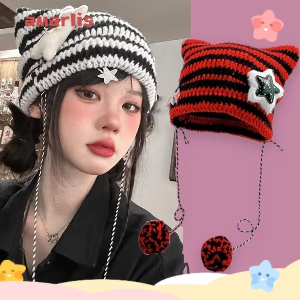 Gorro de Tricô AMARLIS Y2K, Bonito Gorro Listrado com Estrela e Orelhas de Gato, Gorro Feminino para Outono e Inverno HG