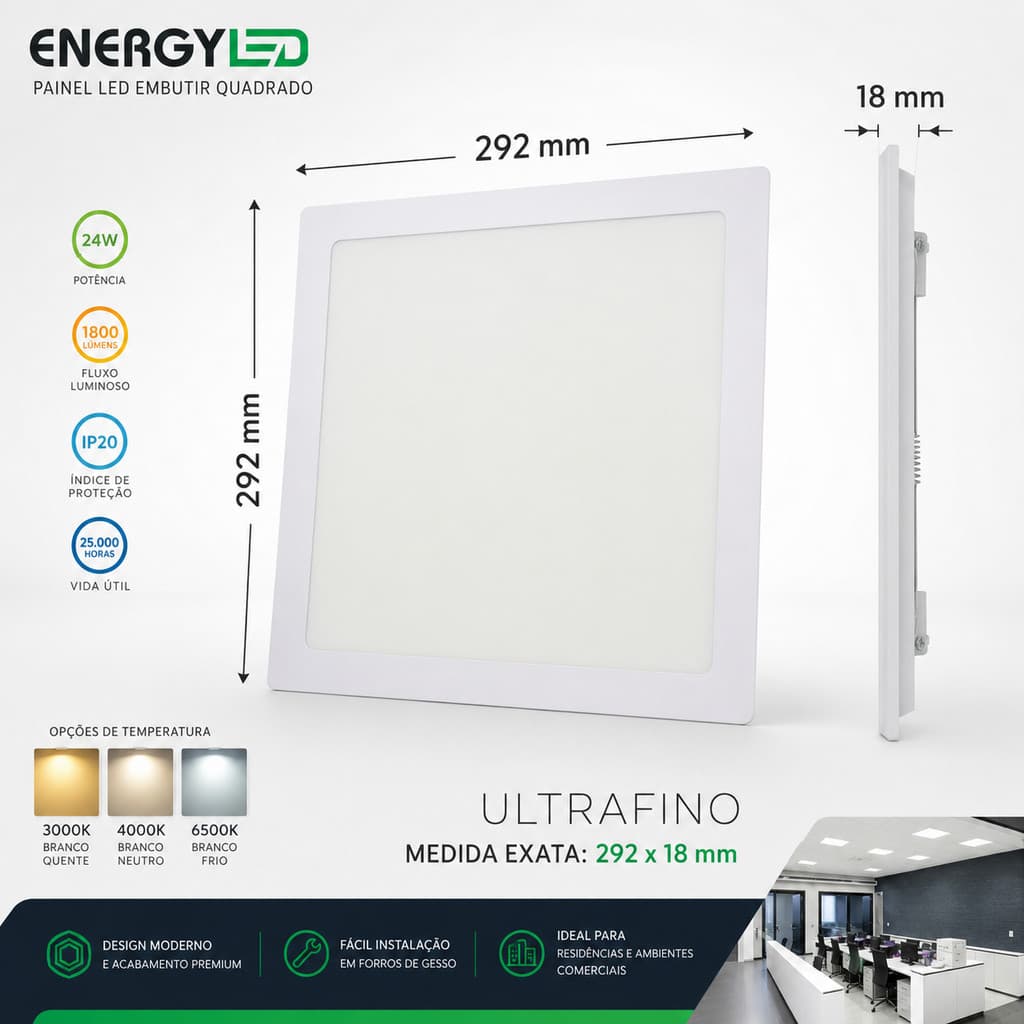 LUMINARIA LED 24W EMBUTIR Branco Quente 3000k Branco Neutro 4000K Branco Frio 6500K MEDIDA 29,2X29,2CM BIVOLT