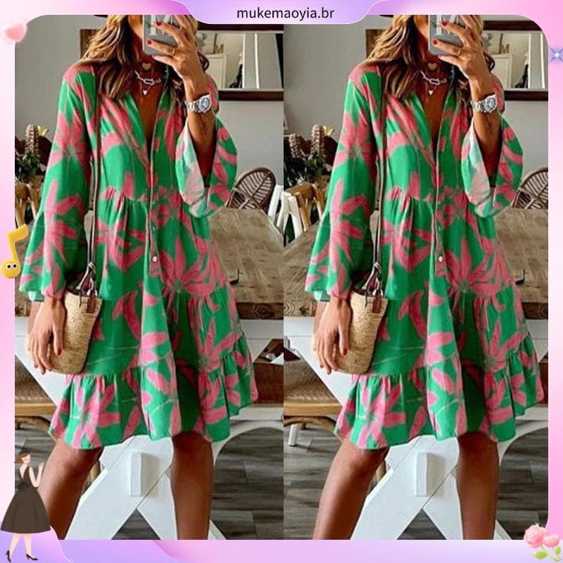 Elegante Estampa Boho W Presságio E # 39vestido Com Decote Em V Manga De Nove Pontos Casual Solto Linha A 2023 Feminino