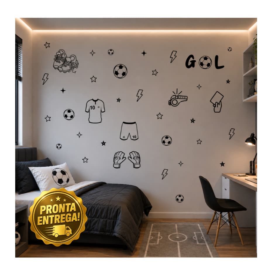 Adesivo de Parede Infantil Futebol | Kit Completo Bola, Chuteira, GOL e Estrelas ⭐