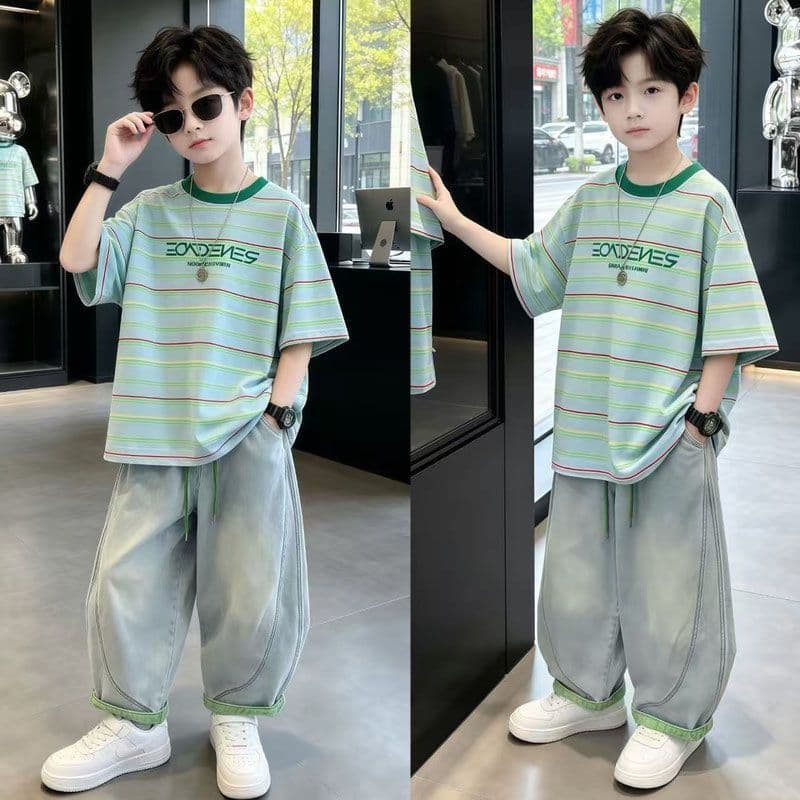 Terno Estilo Coreano De Verão Para Meninos , Crianças Médias E Grandes , Moda Casual , Listrado , Manga Curta , Jeans Le