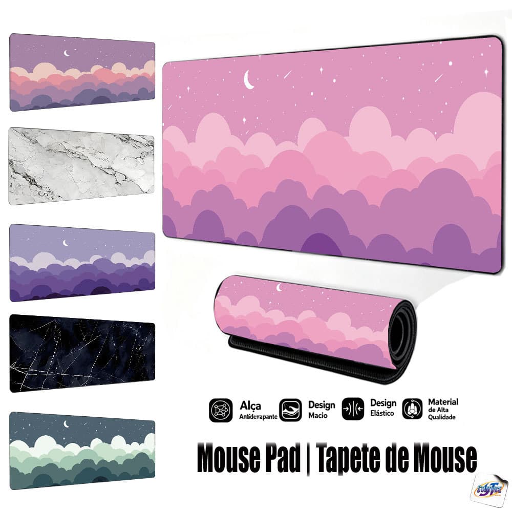 Mouse Pad Gamer Tapete de Mouse 80x30cm Nuvens Coloridas, Base de Borracha Antiderrapante Borda Costurada FPS Escritório