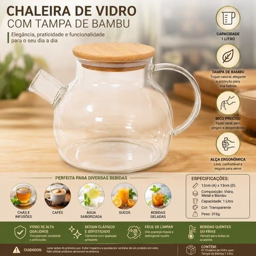 Chaleira Vidro Tampa Bambu 1 Litro Capacidade Resistente Design Elegante Sustentavel