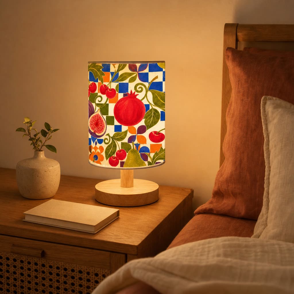 Candeeiro De Mesa Colorido Com Padrão De Frutas E Base De Madeira | Cabeceira Decorativo Para Casa