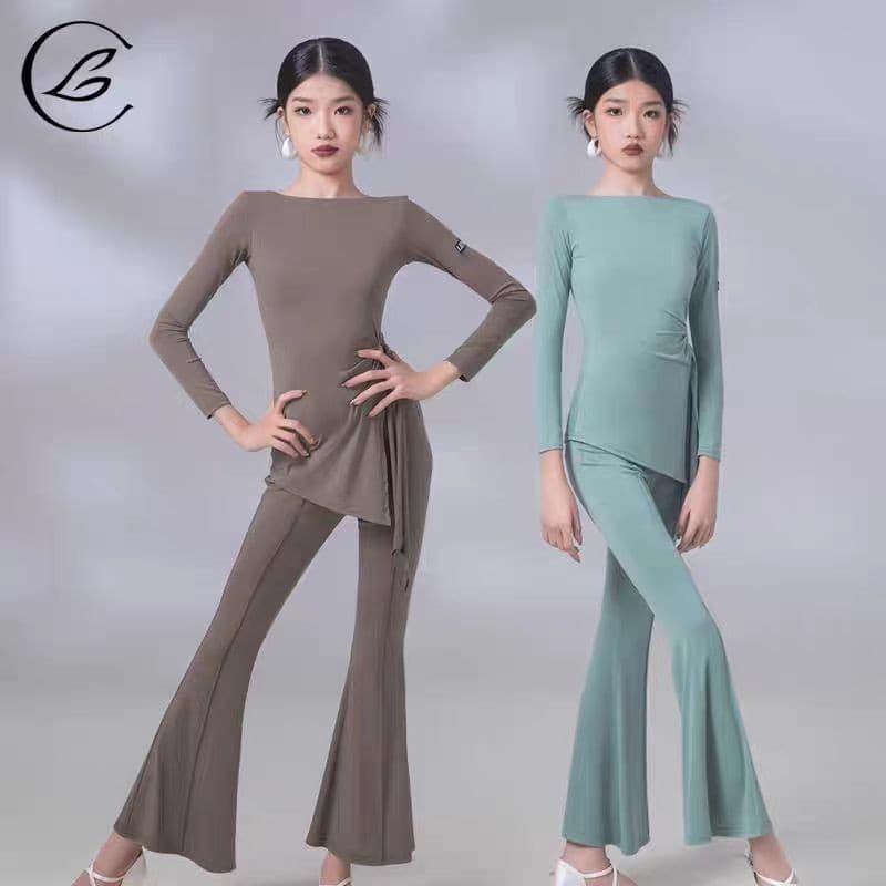 [WDF] Novo estilo infantil camiseta de manga comprida + calças terno de dança latina, temperamento simples Slim Fit tern
