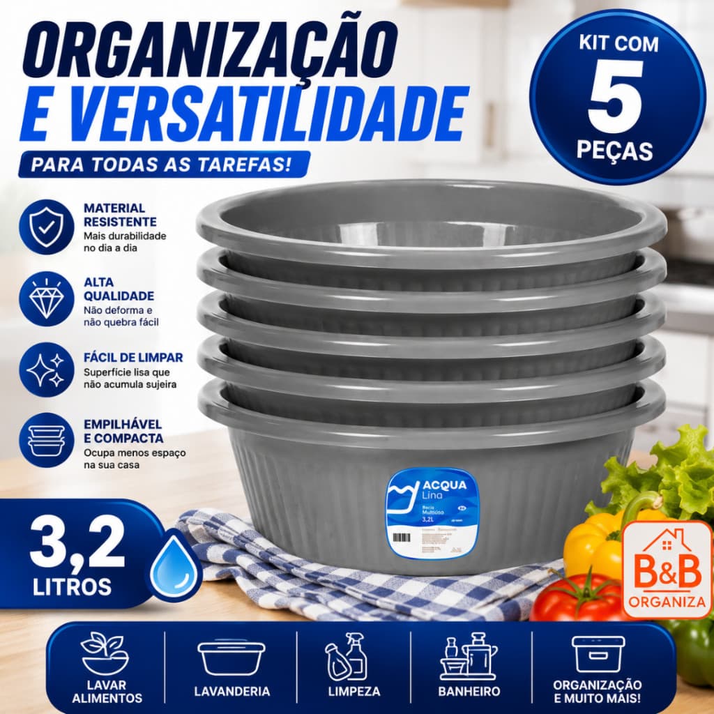 Kit 5 Bacias Redondas Plásticas 3,2 Litros Multiuso Canelada Resistente Cozinha Lavanderia Jardim Promoção