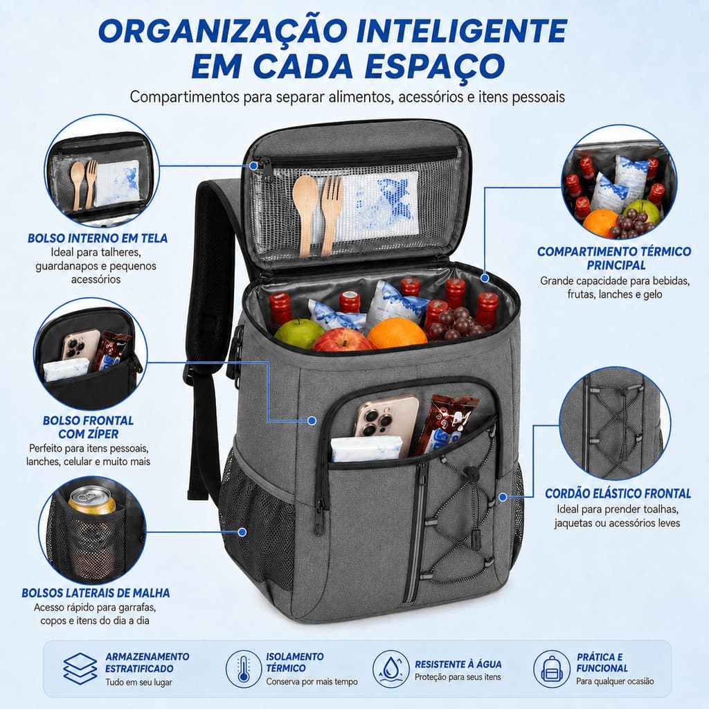 Mochila Térmica Praia 23L Cooler Impermeável Bolsa Gelada Bebidas Alimentos Camping Piquenique