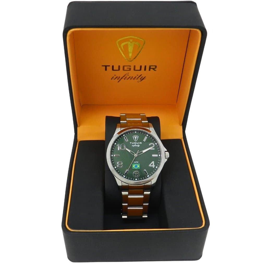 Relógio Masculino de Aço Tuguir Analógico Infinity TGI37228 Prata e Verde (Resistente à água 5ATM, Vintage, Luxuoso)