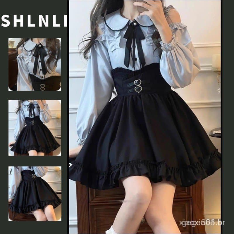 Conjunto de 2 Peças: Camisa Feminina Doce e Fofa de Manga Longa com Ombros Descidos + Saia Justa de Comprimento Médio