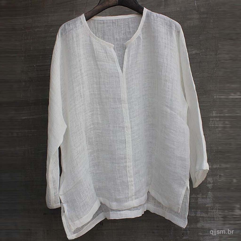 Camisa de Linho Confortável e Respirável, Cor Sólida, Longa, Solta, Estilo Harajuku, Blusa Casual Havaiana