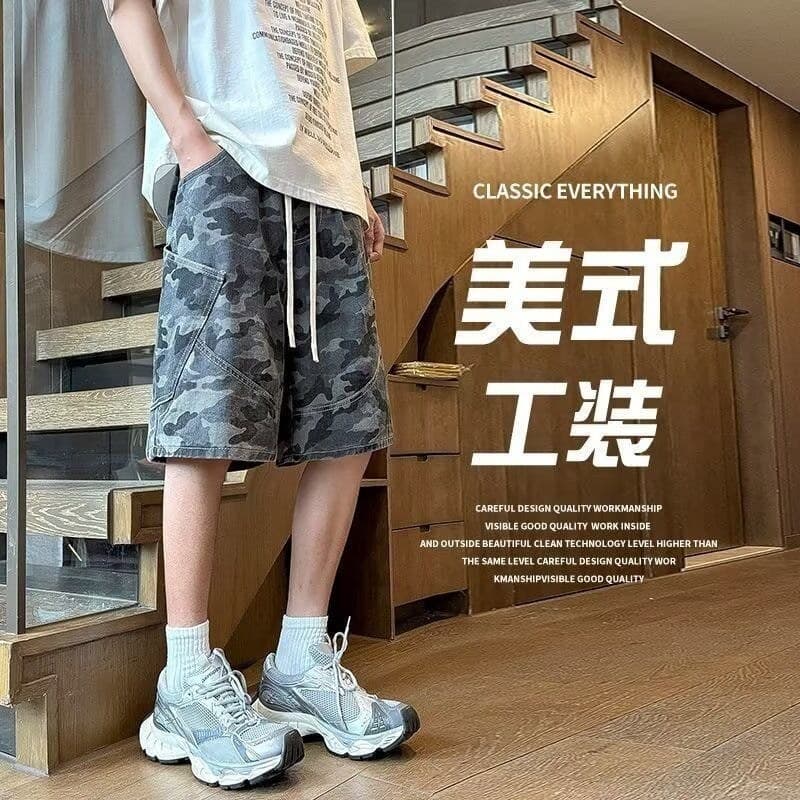 Americano Retro camuflagem macacão shorts masculino 2025 Street Wear solto rufião bonito na moda Denim shorts masculino
