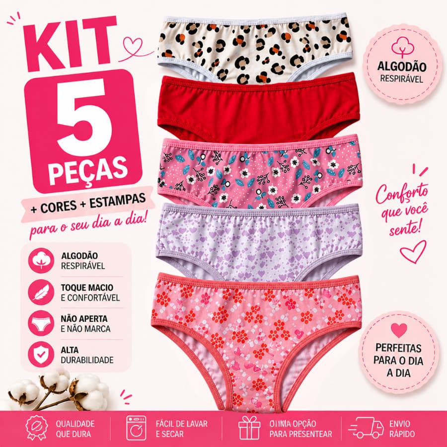 Kit 5 Calcinhas Para Meninas de 100%  Algodão Juvenil Calcinha Infantil