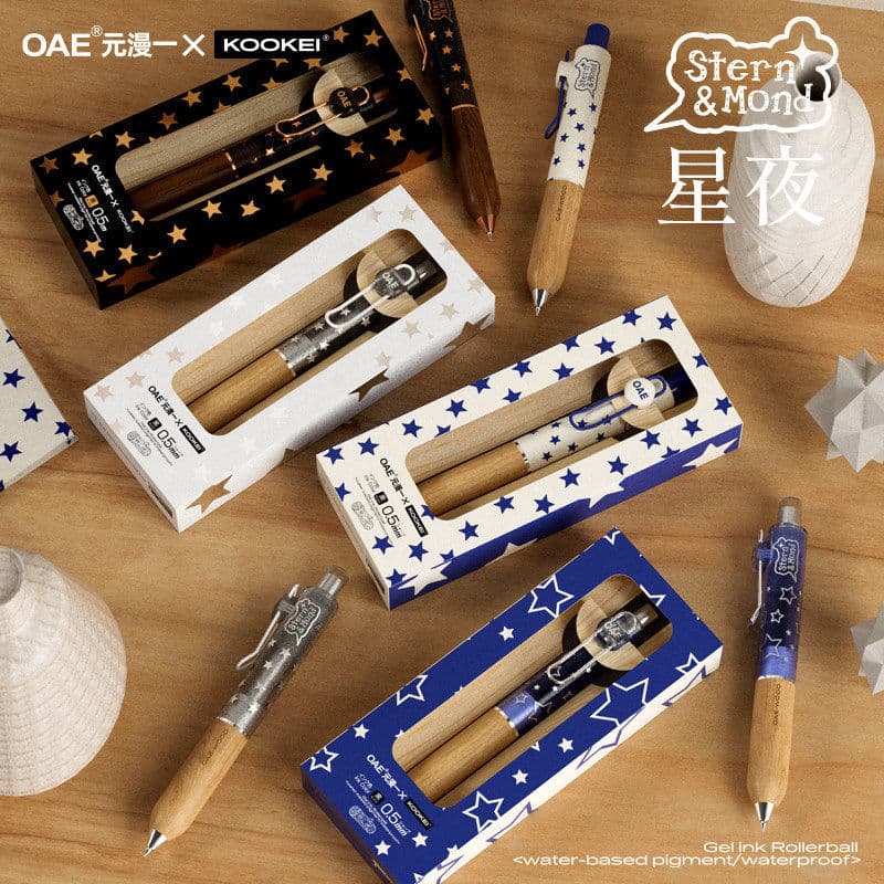KOOKEI & Yuanmanyi Co-Branded Starry Night Limited Chubby Pen Sândalo Pen Segurando Estrela Polka Dot 0.5mm Pincel Pergu
