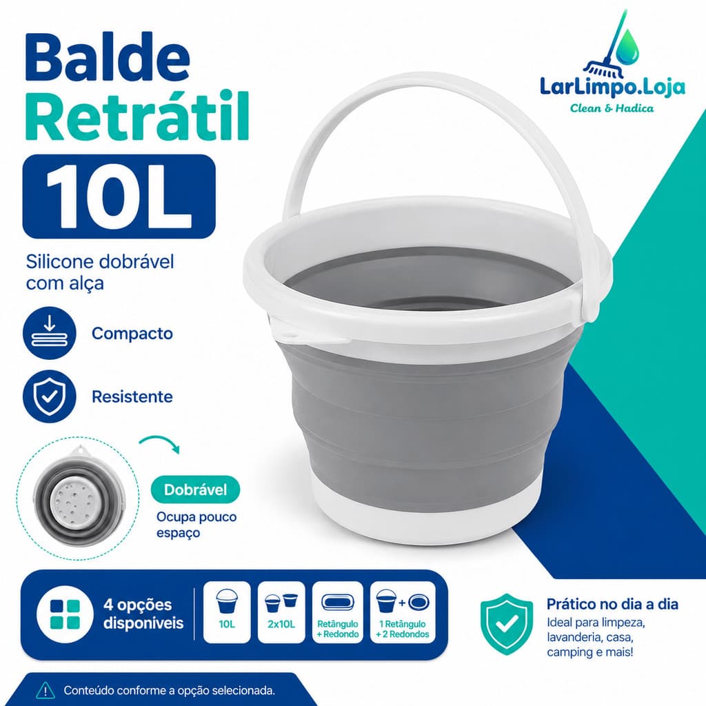 Balde Dobrável Multiuso 10L com Alça para Limpeza, Camping, Pesca e Viagem | Opções de Kit