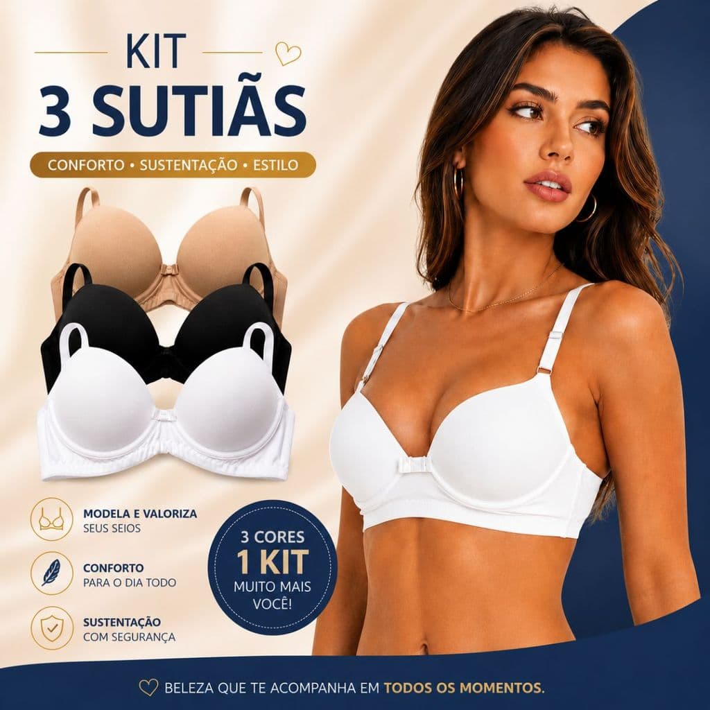 Kit com 3 Sutiãs em Microfibra com Bojo Modelagem Perfeita Excelente Sustentação P ao GG