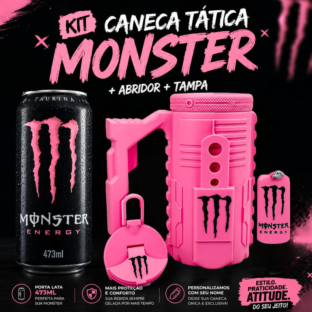 Caneca Porta Lata Tatica Rosa Monster Térmico Personalizado Exclusivo + Abridor + Tampa