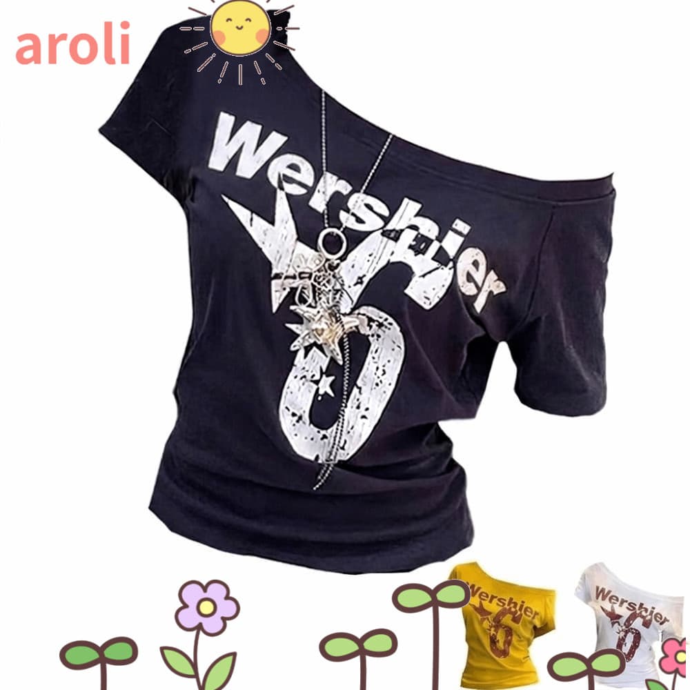 AROLI Top De Ombro , Manga Curta Com Estampa De Letras , Vintage Y2k Gola Inclinada , Roupa Casual