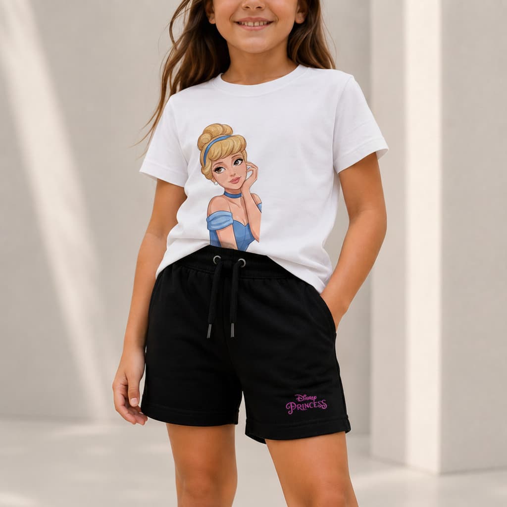 Kit Camiseta Infantil Cinderela Sapatinho de Cristal Menina e Bermuda Moletinho