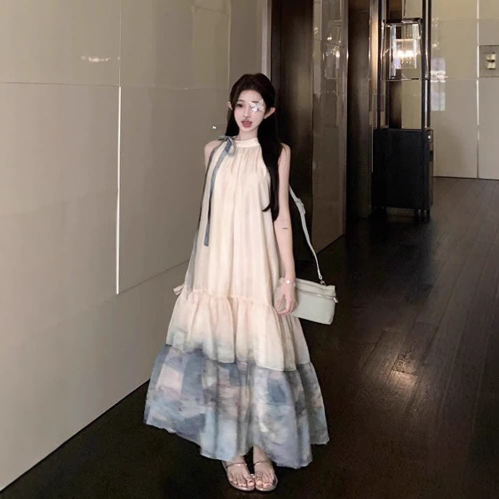Novo estilo chinês estilo chinês lindo vestido Halterneck feminino verão novo atmosfera beira-mar férias estilo p