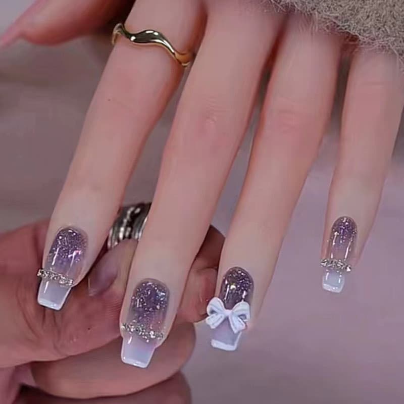 Corrente de arco francês diamante vestindo unhas roxo escuro luz estilo luxo diamantes estroboscópicos Manicure borda br