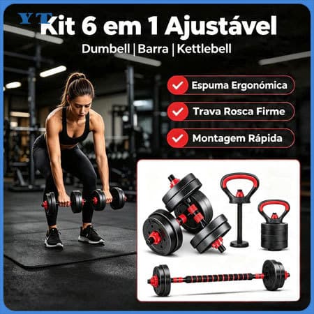 Kit Treino Funcional 15kg Halteres Barra Supino Kettlebell Preto