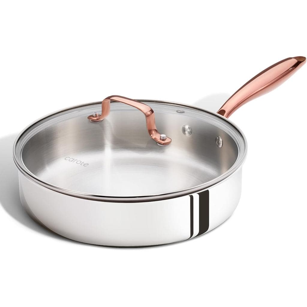 CAROTE Panela de Fritura Profunda de Aço Inoxidável Tri-Ply de 10" com Tampa, Panela Antiaderente Não Tóxica, Resistente